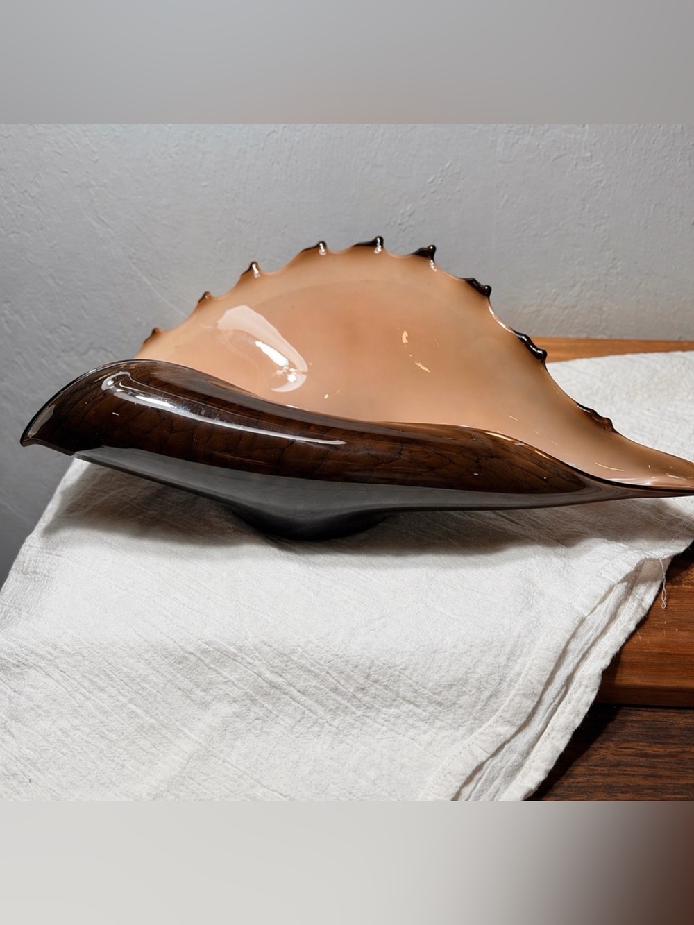 Vintage Murano Style Handblown Glass Shell fDecorative Bowl - Peach and Brown